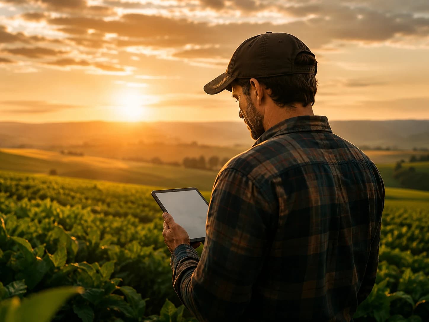 Produtor rural analisando dados da propriedade em um tablet, ao entardecer