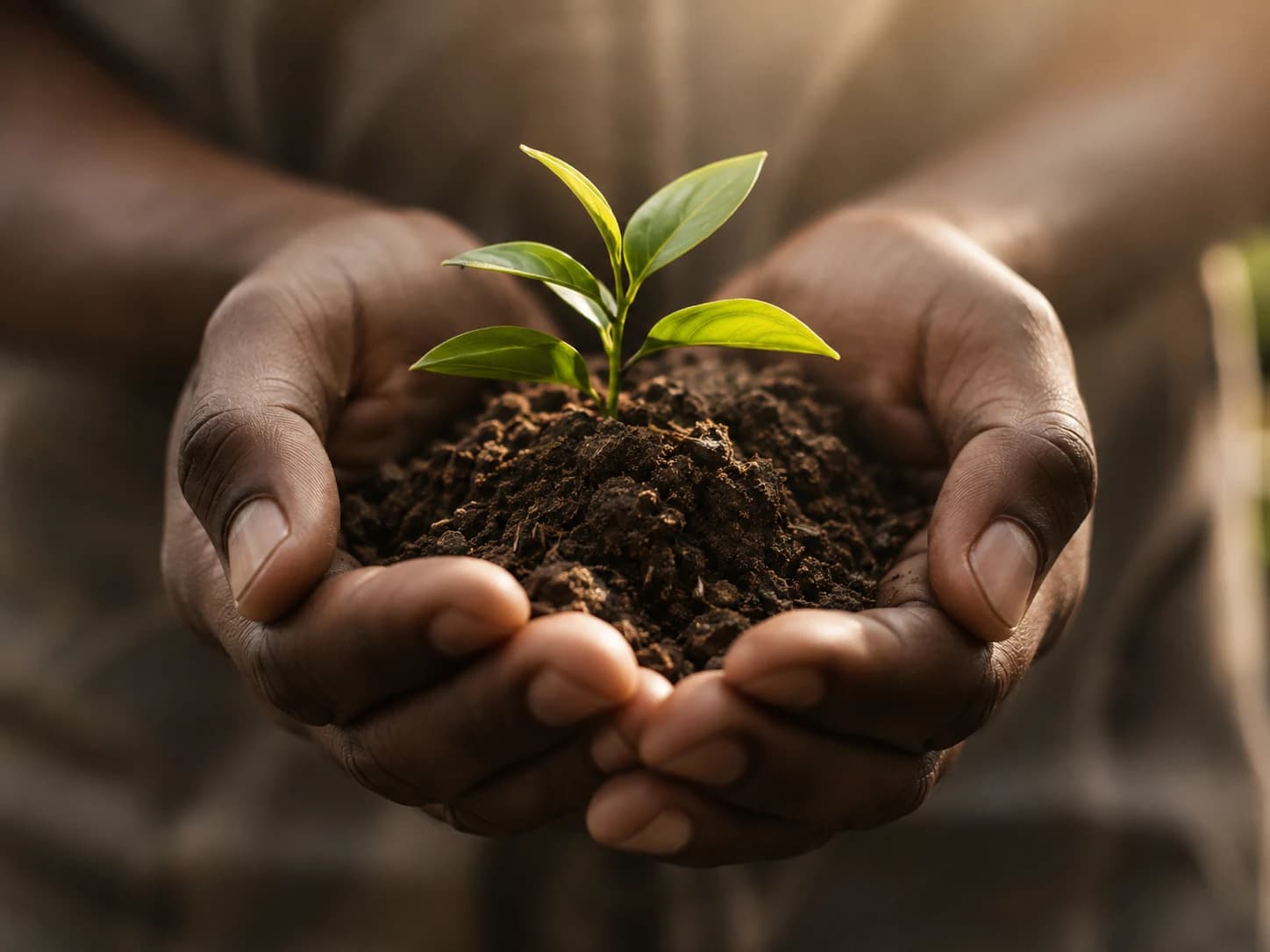 Mãos segurando uma muda recém-plantada, com terra