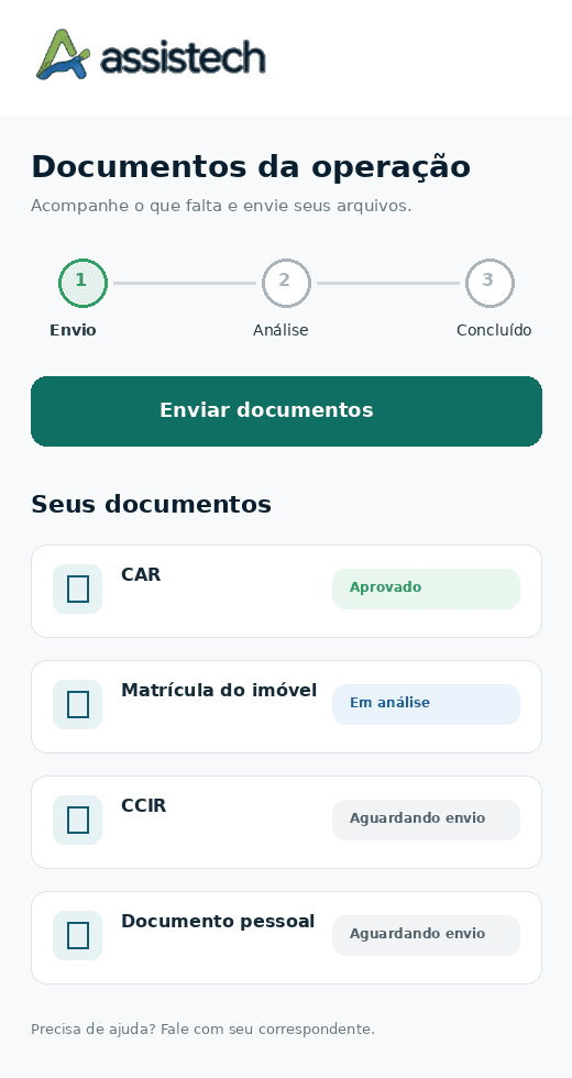 Portal do produtor no AssisCred, com a lista de documentos exigidos e o status de cada um